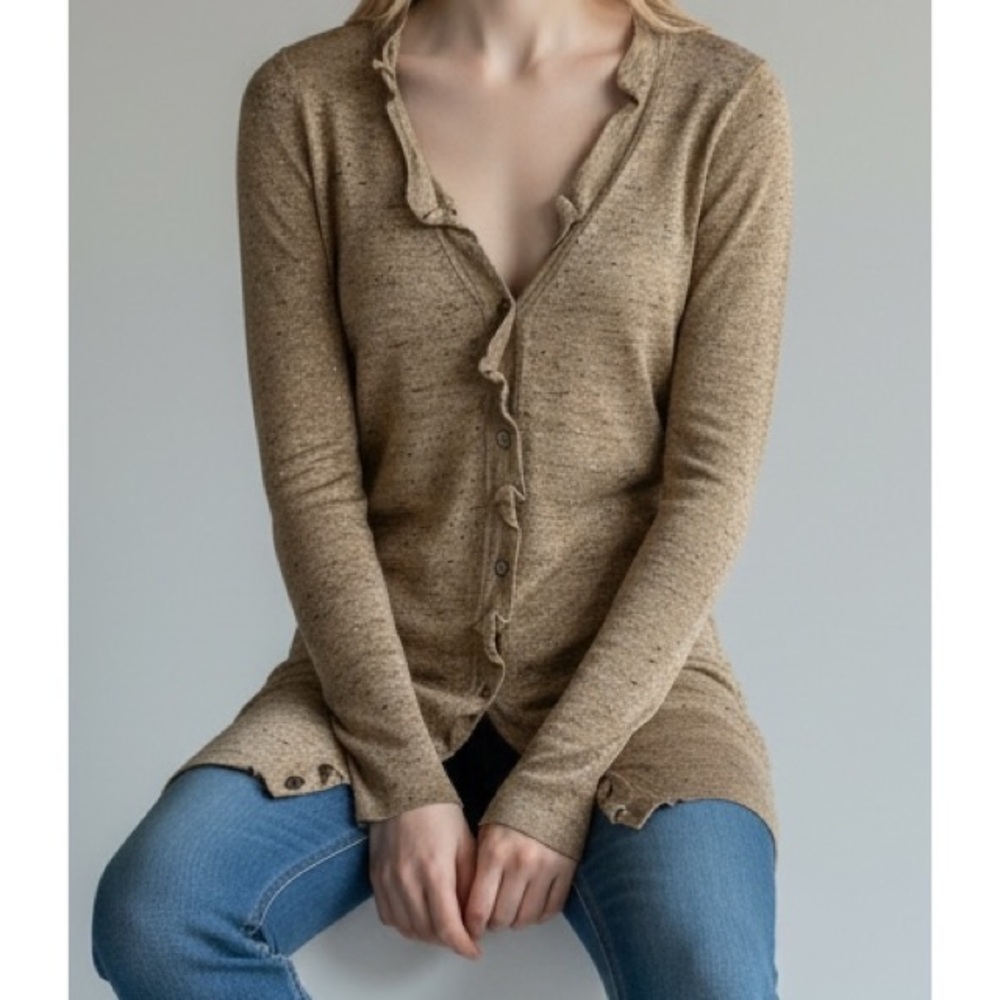 Elie Tahari X Nordstrom XS Gold, Tan Black Ruffle Button Down Cardigan Sweater
